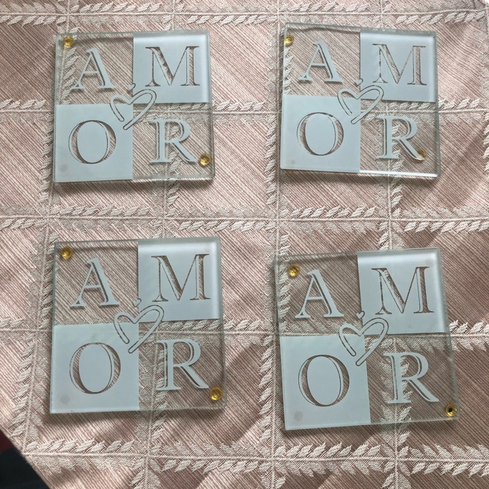 NWOT Glass "Amor" Mirrored Coasters, Set Of 4, 3-5" Square.